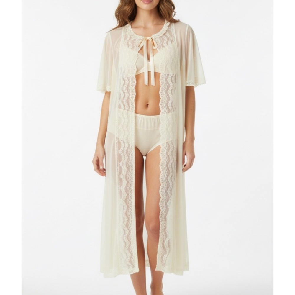 VTG GILEAD Sheer NYLON Ivory LACE TRIM Tie Neck/Open DOUBLE CHIFFON ROBE Sz S